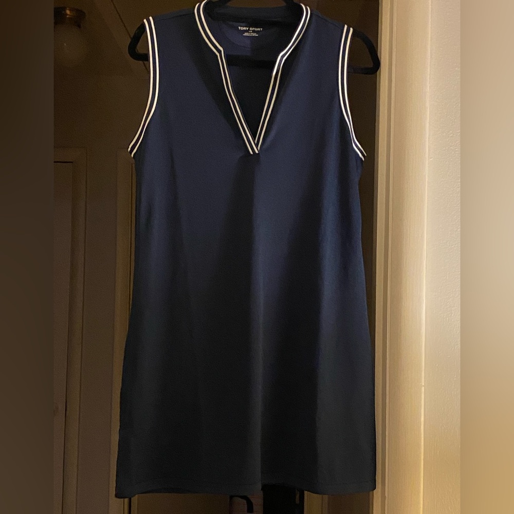 Tory Sport Navy Sleeveless V-Neck Dress with White Trim